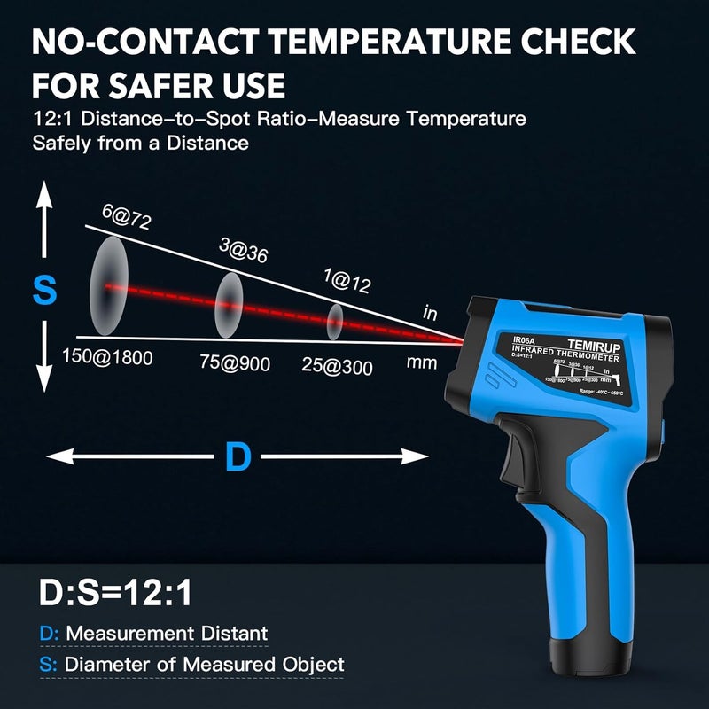 Temirup Infrared Thermometer Temperature Gun - Non-Contact Digital Laser Thermometer Temp Gun with Thermocouple Probe for Industrial, Cooking, Griddle, Engine, HVAC, Adjustable Emissivity,-40℉~1202℉ - Image 5
